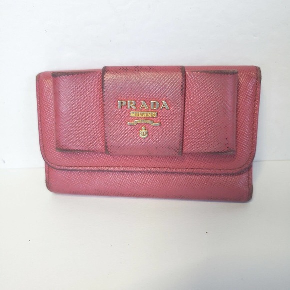 PRADA Leather Logo Wallet Small Pink Saffiano Compact Key Case Hooks Holder Bow - Picture 1 of 12